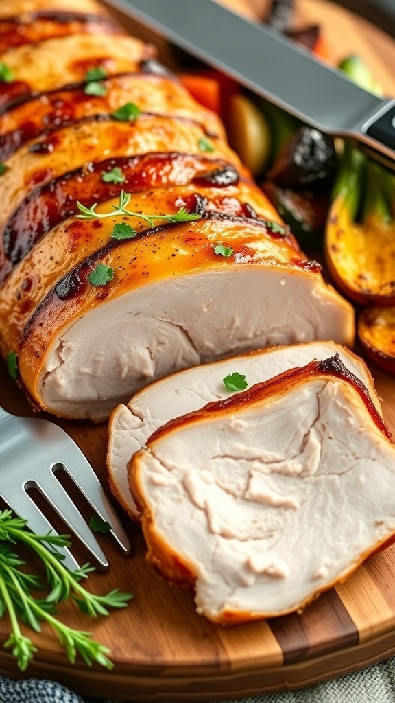 Juicy Air Fryer Pork Loin Filet Recipe Sliced air fryer pork loin filet on a cutting board with roasted vegetables and herbs.